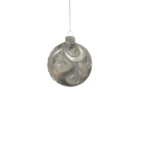 Festive 8cm Clear Glass Bauble Silver Scallop with Beads and Silver Glitter