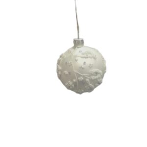 Festive 8cm Silver/White with Bides and Glitter Lines Glass Bauble