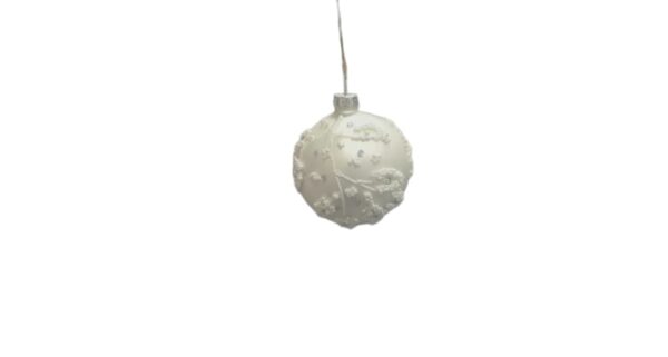 Festive 8cm Silver/White with Bides and Glitter Lines Glass Bauble