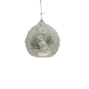 Festive 8cm White Encrusted Cut-Out Glass Bauble with Owl Inside