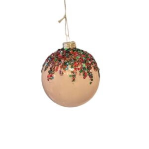 Festive Light Pink Glass Bauble With Multi Coloured Sequins Snow-Cap