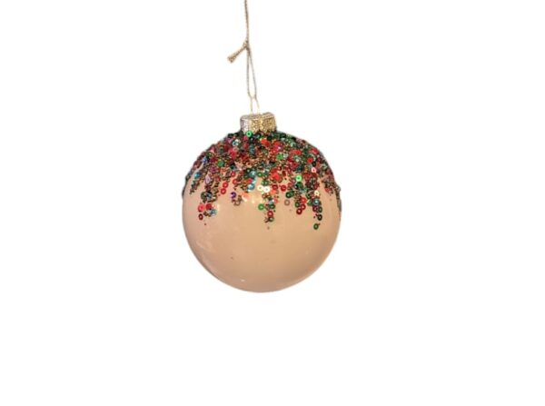 Festive Light Pink Glass Bauble With Multi Coloured Sequins Snow-Cap