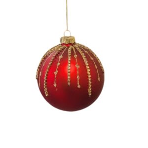 Festive Red Glass Bauble With Gold Glitter and Gold Gems