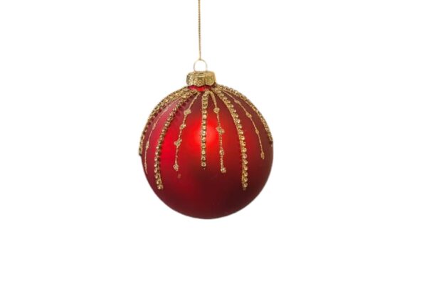 Festive Red Glass Bauble With Gold Glitter and Gold Gems