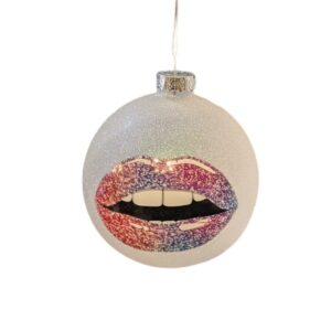 Festive 13cm Glass Bauble Frosty White Glitter With Red/Purple Lips