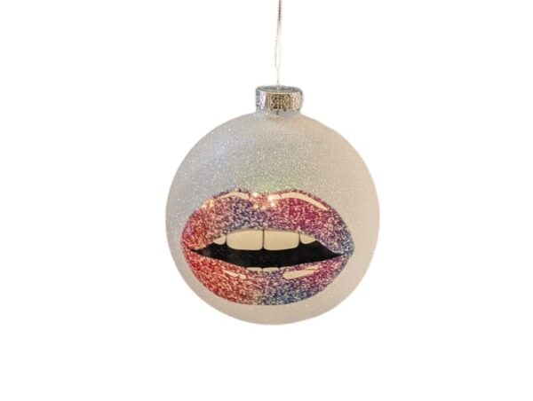 Festive 13cm Glass Bauble Frosty White Glitter With Red/Purple Lips