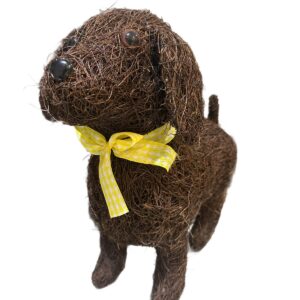 Natural Wicker Dog Sculpture With Yellow Bow