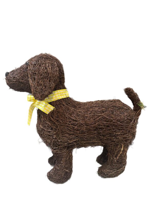 Natural Wicker Dog Sculpture With Yellow Bow