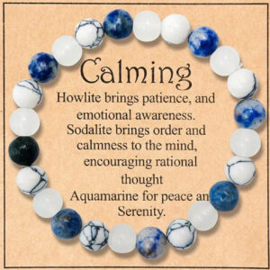 Calming Stone Bracelet – A Trio of Serenity, Awareness, and Balance Embrace tranquility and emotional balance with this elegant Calming Stone Bracelet, crafted with a harmonious blend of Howlite, Sodalite, and Aquamarine stones. Designed to bring peace and serenity, this bracelet is the perfect accessory for grounding your emotions and promoting a sense of calm in your daily life. Key Features: Howlite: Known for its soothing energy, Howlite fosters patience, emotional awareness, and a sense of calm during stressful moments. Sodalite: Encourages order, rational thought, and mental clarity, helping to bring balance and focus to the mind. Aquamarine: A stone of peace and serenity, Aquamarine enhances emotional healing and inspires a tranquil state of being. High-Quality Craftsmanship: Made with durable elastic cord for a comfortable and secure fit. Elegant Design: The natural beauty of these calming stones creates a versatile piece that complements any outfit. Size Options: Available in various sizes to ensure the perfect fit for every wrist. Benefits: This bracelet combines the unique properties of three powerful stones, making it ideal for meditation, stress relief, or simply adding a touch of elegance and meaning to your day. Perfect Gift Idea: Whether for yourself or a loved one, this bracelet is a thoughtful gift for birthdays, anniversaries, or moments when a calming touch is needed. Find balance, peace, and serenity with the Calming Stone Bracelet, a beautiful accessory that nurtures both the mind and spirit.