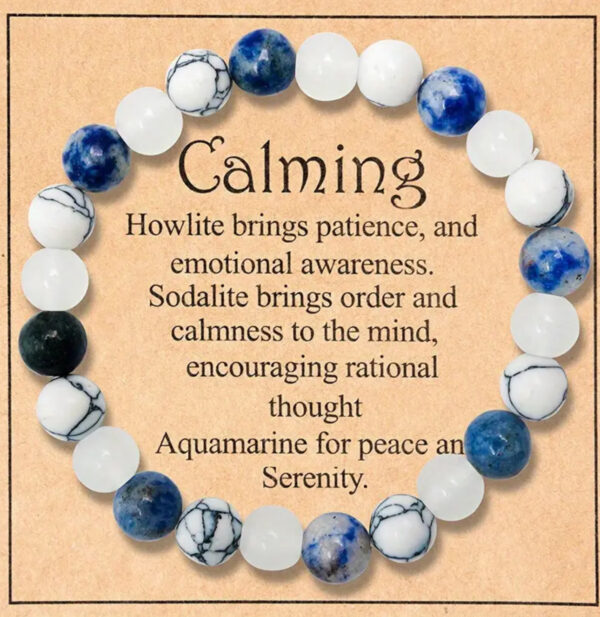 Calming Stone Bracelet – A Trio of Serenity, Awareness, and Balance Embrace tranquility and emotional balance with this elegant Calming Stone Bracelet, crafted with a harmonious blend of Howlite, Sodalite, and Aquamarine stones. Designed to bring peace and serenity, this bracelet is the perfect accessory for grounding your emotions and promoting a sense of calm in your daily life. Key Features: Howlite: Known for its soothing energy, Howlite fosters patience, emotional awareness, and a sense of calm during stressful moments. Sodalite: Encourages order, rational thought, and mental clarity, helping to bring balance and focus to the mind. Aquamarine: A stone of peace and serenity, Aquamarine enhances emotional healing and inspires a tranquil state of being. High-Quality Craftsmanship: Made with durable elastic cord for a comfortable and secure fit. Elegant Design: The natural beauty of these calming stones creates a versatile piece that complements any outfit. Size Options: Available in various sizes to ensure the perfect fit for every wrist. Benefits: This bracelet combines the unique properties of three powerful stones, making it ideal for meditation, stress relief, or simply adding a touch of elegance and meaning to your day. Perfect Gift Idea: Whether for yourself or a loved one, this bracelet is a thoughtful gift for birthdays, anniversaries, or moments when a calming touch is needed. Find balance, peace, and serenity with the Calming Stone Bracelet, a beautiful accessory that nurtures both the mind and spirit.