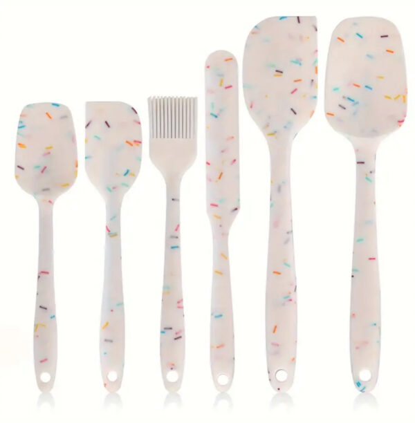 6-Piece Silicone Spatula Set – White with Multicolour Dots, Baking & Cooking Tools